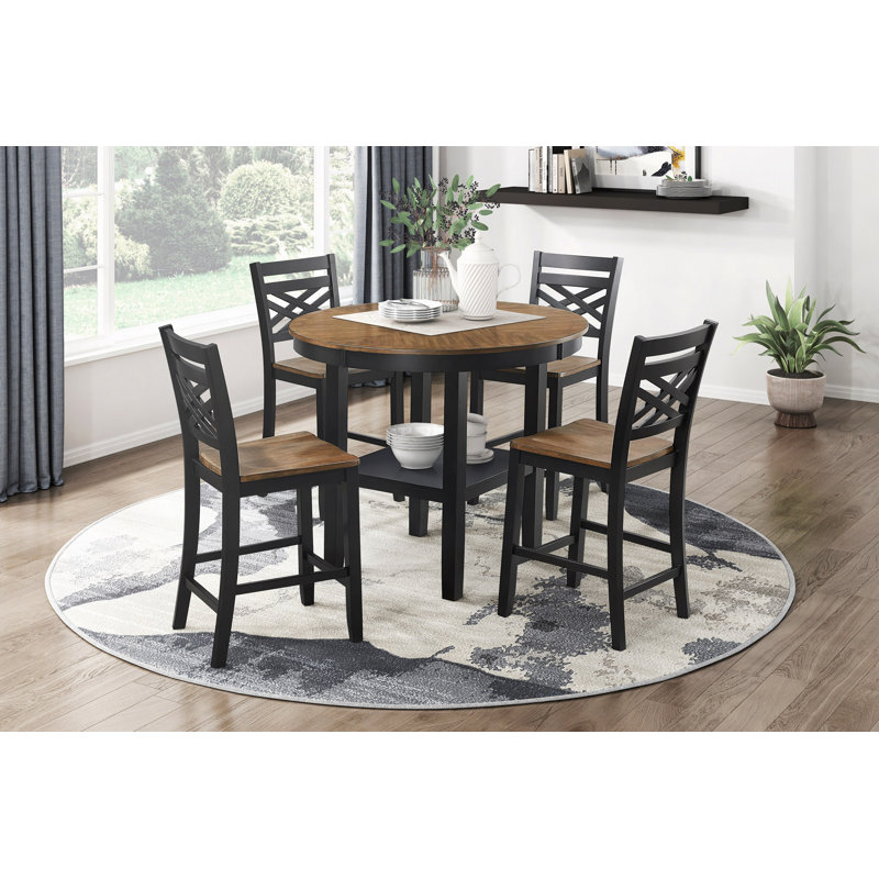 5Pc Counter Height Dining Set Round Table With Storage And 4 Counter Height Chairs 2-Tone And Wooden Furniture