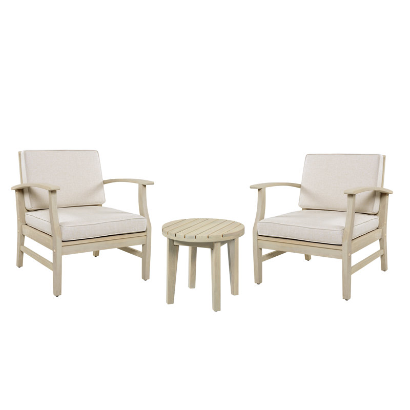 Ensemble de conversation d'extérieur en bois d'acacia 3 pièces avec design à lattes et coussins Gustau, Sable, Blanc clair