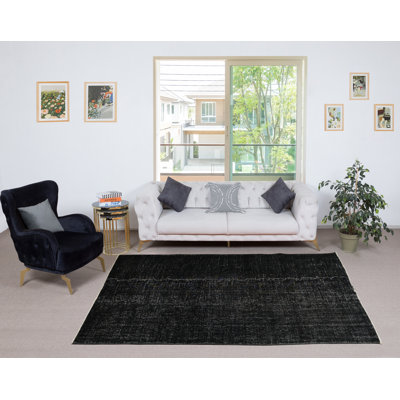 Tapis turc en laine fait à la main 5,7 x 9 pi. Tapis noir rétro surteint pour maison moderne
