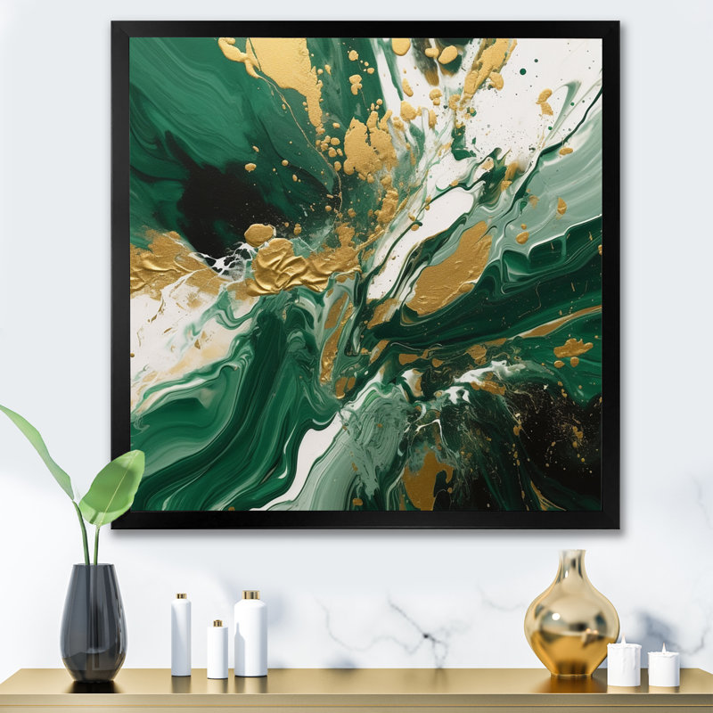 «Green and Gold», art mural abstrait sur toile, H 24 po x l 24 po, Cadre photo unique, Noir