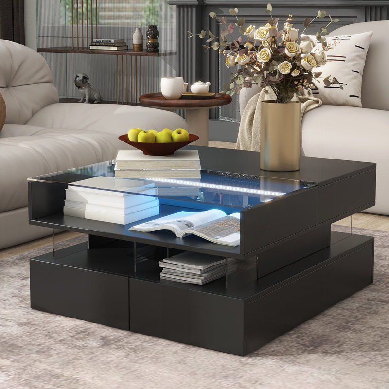 Table basse à plateau relevable avec 2 tiroirs, H 15,7 po x l 29,5 po x P 29,5 po, Noir