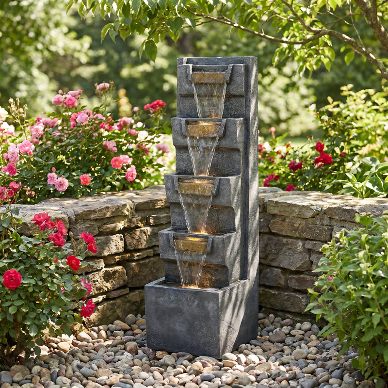 Fontaine d'extérieur 39,4 "avec lumières DEL chaudes et fontaine à niveaux
