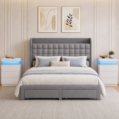 Lit classique avec 2 tables de chevet, ensemble de chambre à coucher tapissier plateforme avec station de charge à DEL, ensemble de chambre à coucher moderne 3 pièces avec tiroirs de rangement pour la maison