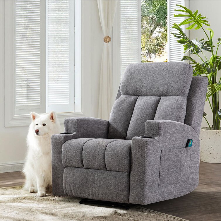 Myria Upholstered Manual Recliner Chair Furry Friend Friendly Fabric Massage Heating and Cup Holder