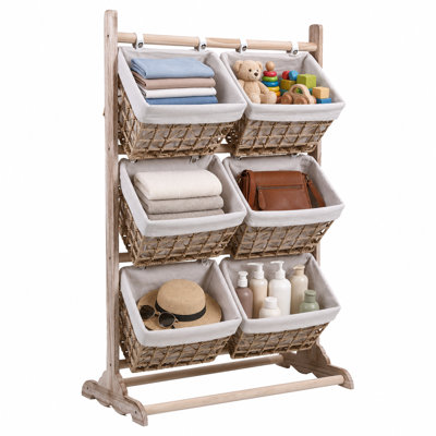 3 Tier Basket Stand Wicker Upright Storage Basket Organizer Rack | Floor-Standing, Multipurpose Rattan, Holds Clothes Toys Books Fruit, Bedroom Living Room Kitchen, Bohemian Home Decor