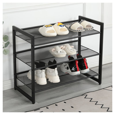 3-Tier Adjustable Freestanding Shoe Rack, Black Metal Mesh Shelf Storage Organizer