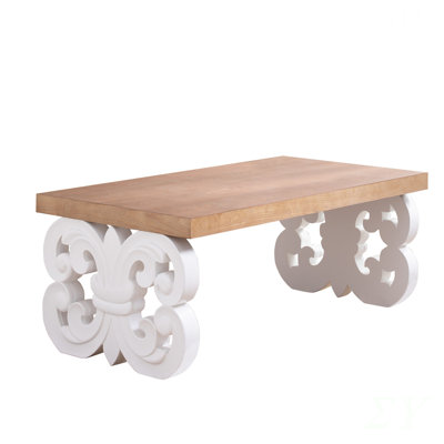 Ornate Wood Coffee Table – 47" Rectangular Farmhouse Style Table with White Carved Base and Natural Wood Top – Living Room Accent Table – Elegant Centerpiece for Modern or Traditional Decor