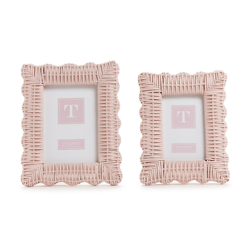 Ensemble de 2 cadres photo en rotin tressé rose, 25 cm de hauteur, verre, MDF, format horizontal ou vertical.