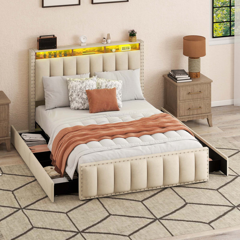 Ivy Bronx Velvet Upholstered Bed Frame With 4 Drawers, Power Outlets & LED Lights, Full