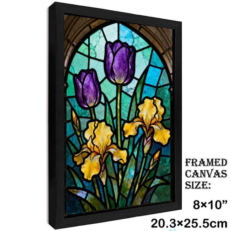 Art mural floral noir encadré noir - tulipes colorées boho et iris, H 11 po x l 9 po