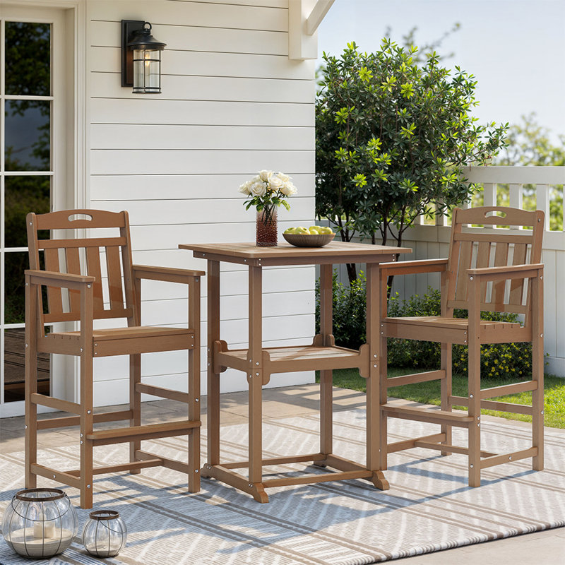 Ensemble de 3 barres d'extérieur Pennington pour 2 personnes avec table carrée et chaises en PEHD, Teck