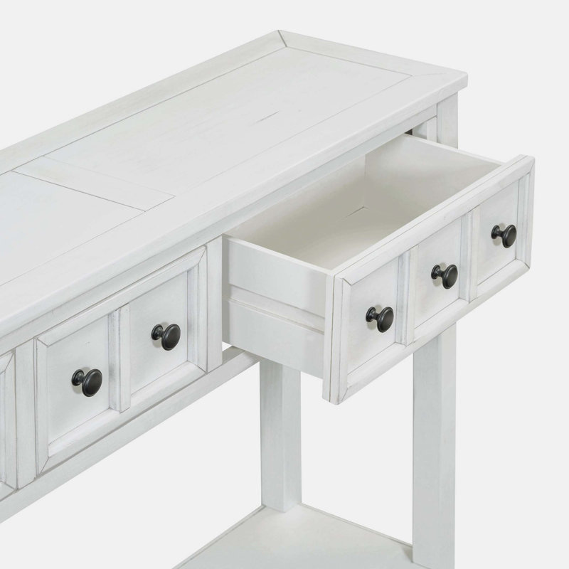 Rustic Wood Storage Sofa Console Table with two Different Size Drawers and Bottom Shelf, Antique White
