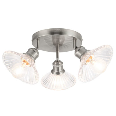 Milan Bathroom 3 Light Modern Round Plate Ribbed Glass Spotlight - IP44, 3xE27. Max. 15W LED (Bulb not included)