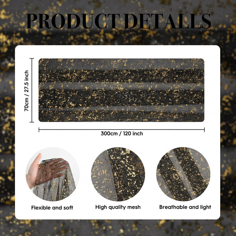 Chemin de table en gaze noire et dorée (3 pièces), 3 mètres (120 pouces), paillettes métallisées, transparent, idéal pour les repas, les mariages, les anniversaires, les fêtes et les réceptions à la maison. Parfait pour décorer une table à la maison ou pour une soirée.