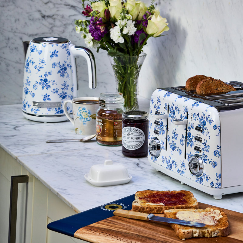 Laura Ashley 4 Slice Stainless Steel Toaster with Wide Slots, 7 Variable Browning Control, Warming Rack, Defrost & Reheat Modes