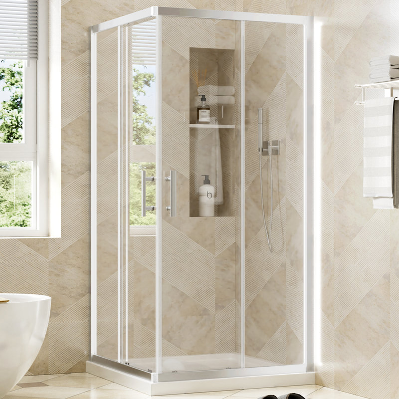 Cabine de douche d'angle 36 po x 36 po x 72 po avec portes coulissantes doubles, verre trempé givré de 1/4 po avec film de sécurité, largeur réglable et conception imperméable, noir mat