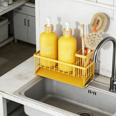 Ensemble de distributeur de savon de cuisine en acier inoxydable avec porte-éponge, bouteilles en verre de 16 oz et système de drainage automatique, réutilisable et antirouille