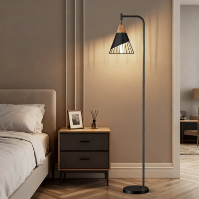 67-Inch Industrial Floor Lamp With Wood And Metal Shade, Modern Standing Lamp For Living Room, Bedroom, Or Office, Includes 2700K Bulb And Foot Switch