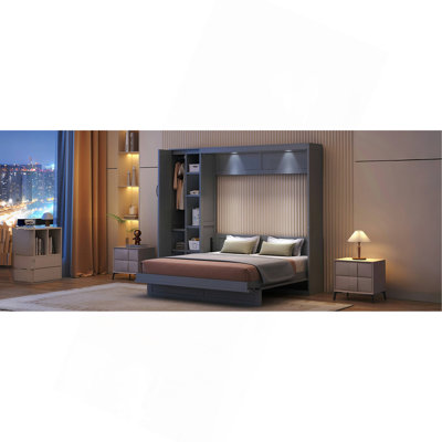 Queen Size Murphy Bed Wall Bed With Shelves, Wardrobe And LED Lights,Grey