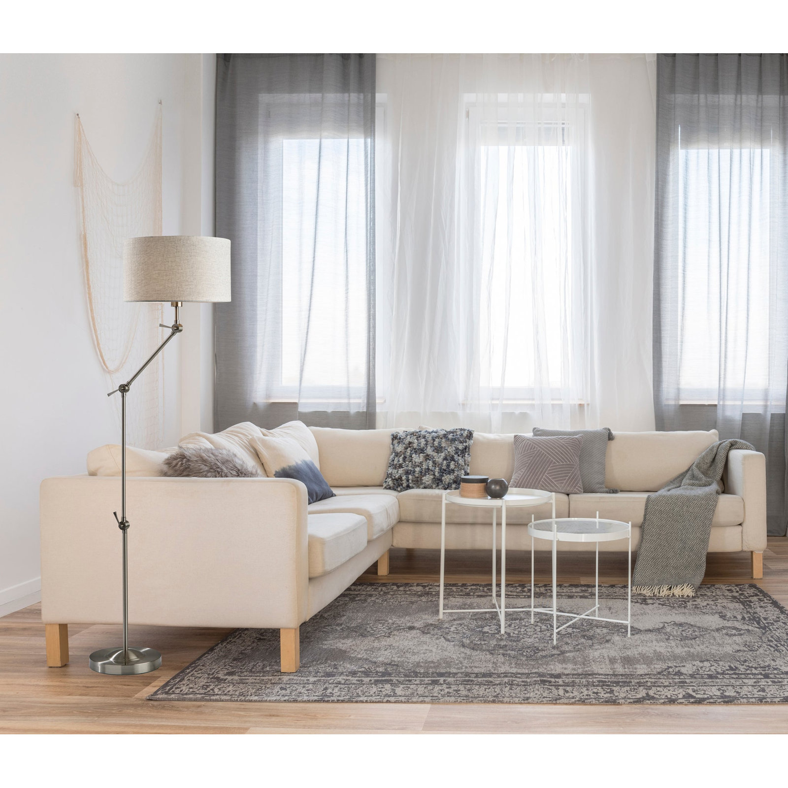 65.25'' Dimmable Swing Arm Floor Lamp, Brushed Steel, Light Taupe Textured Fabric
