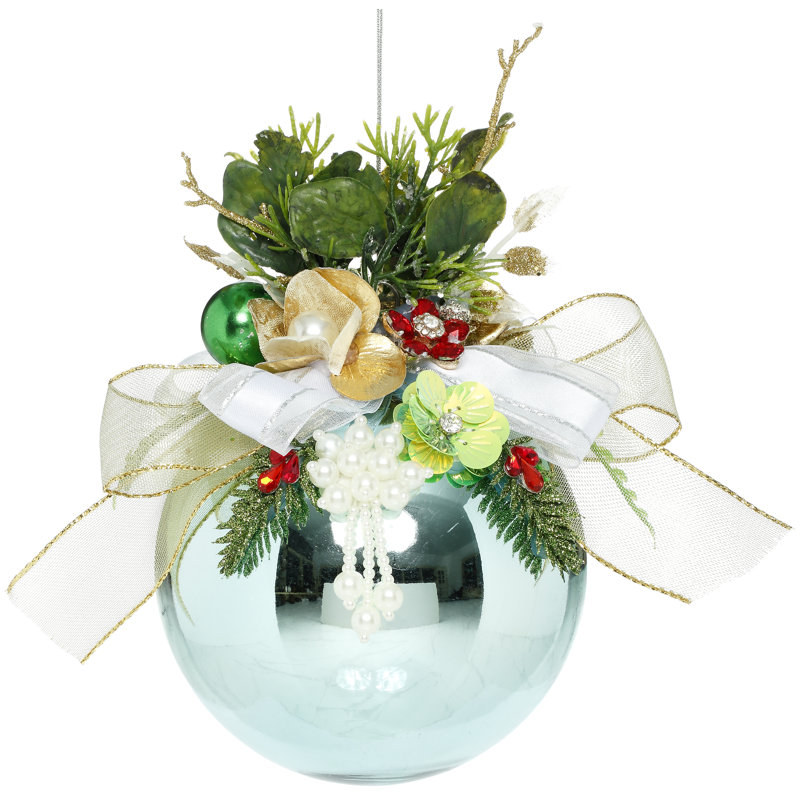 Floral Jeweled Ball Ornament, Shiny, Blue - 7 Inches