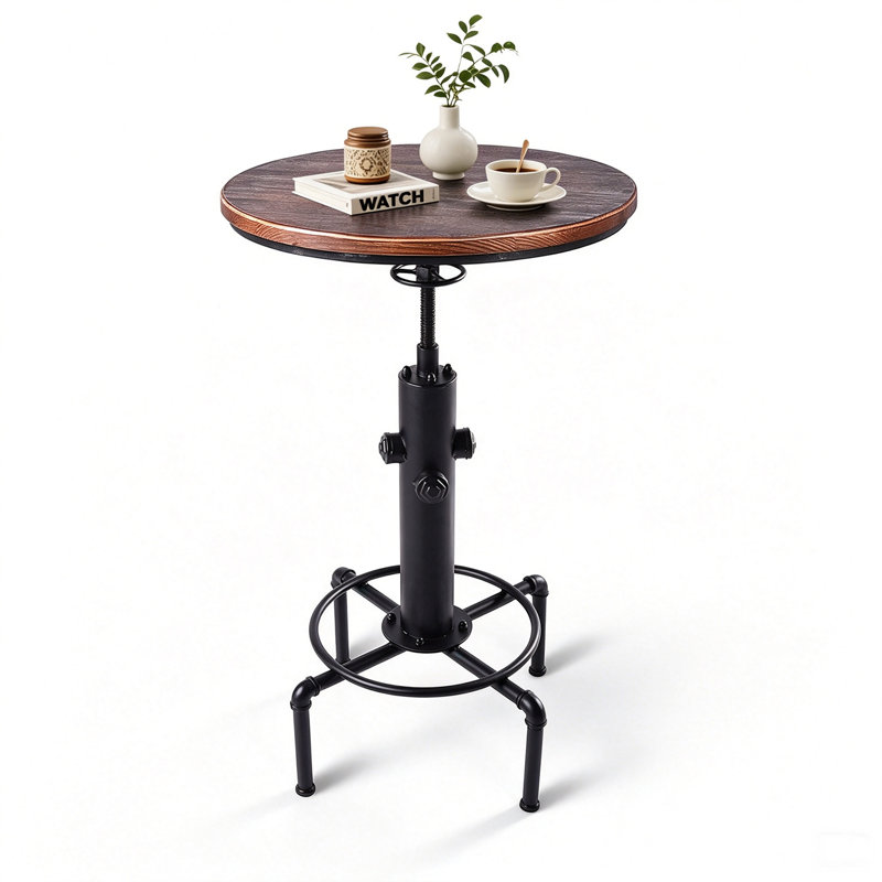 Anguel Pine Round Solid Wood Top Metal Base Dining Table, Brown/Black