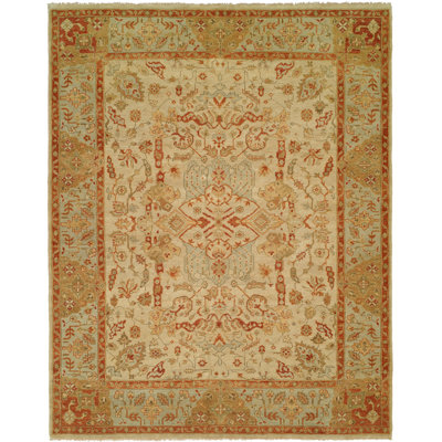 Tapis beige / vert en laine noué à la main