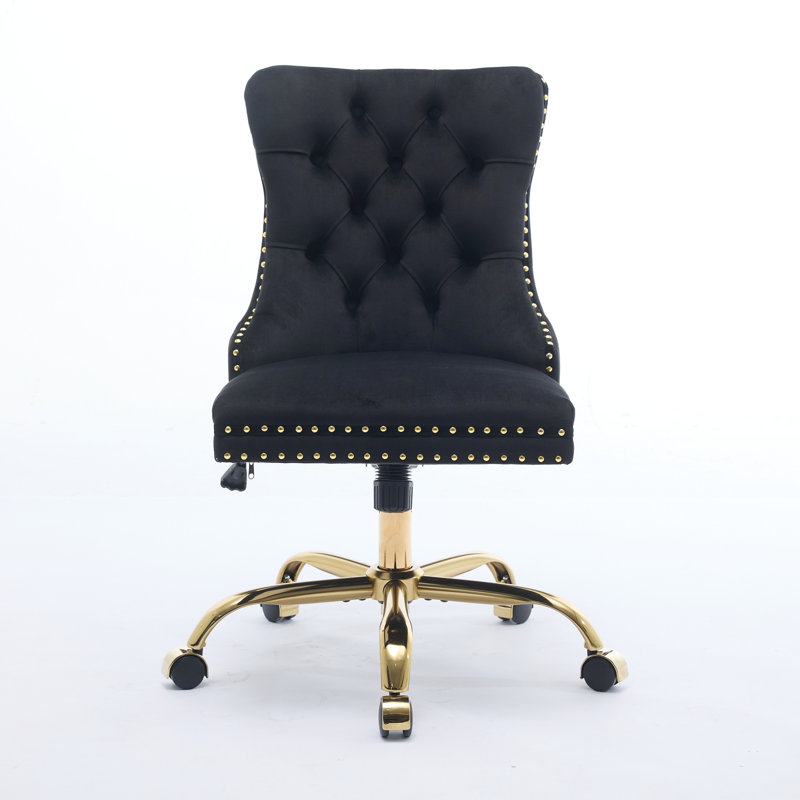 Fauteuil de bureau pivotant réglable, velours noir, base en métal doré, bouton, boutons tirés à la main, coussin à rebond élevé, bureau noir, revêtement en velours, réglable électrolytique, pivotant, américain