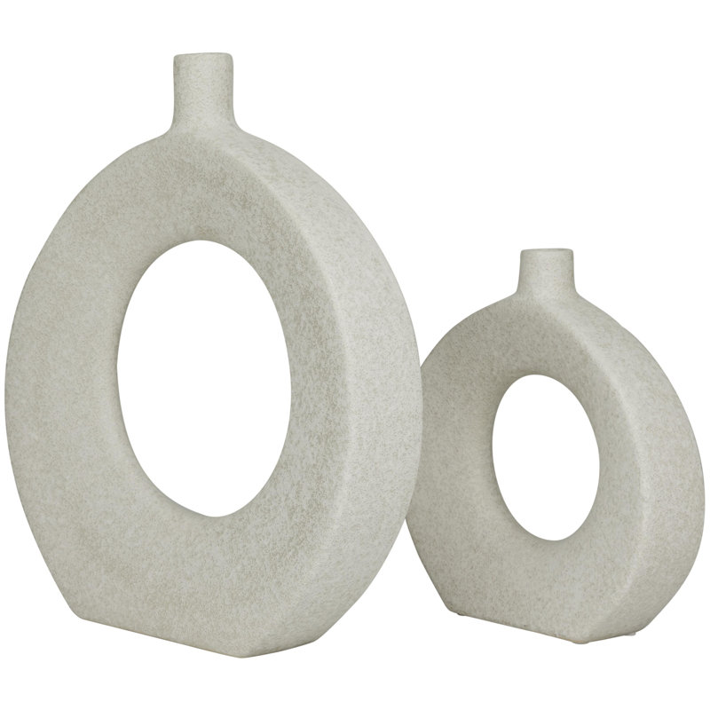 Ceramic Round Donut Shaped Decorative Vase Set, 15.5" H x 14.4" W x 3.2" D, White