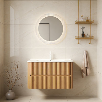 Meuble-lavabo de 36 po avec lavabo, armoire de rangement murale en contreplaqué flottant avec 2 tiroirs, lavabo en céramique blanc, sans robinet, pré-assemblé, couleur grain de bois naturel