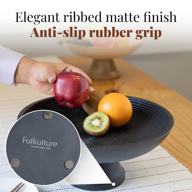 Bol à fruits en bois ou bol décoratif pour table, bol à fruits en bois pour comptoir de cuisine, 12 pouces, Noir nervuré