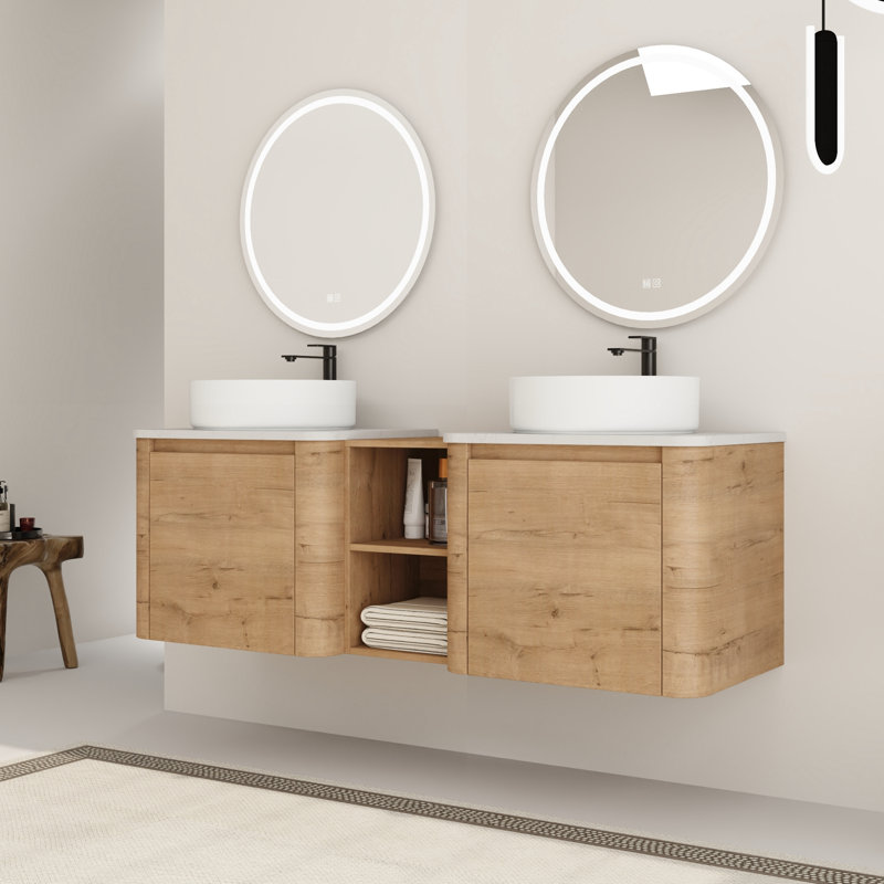 Wall-Mounted Bathroom Vanity with Engineered Stone Top, 60", White