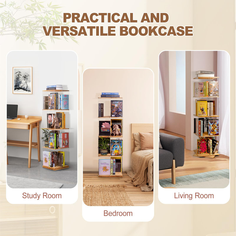 Rotating Bookshelf, 360 Degree Revolving Bookcase, 4-Tier Spinning Bookshelf, Clear Acrylic & Solid Wood Rotating Bookcase For Kid’s Playroom, Bedroom And Living Room, Square