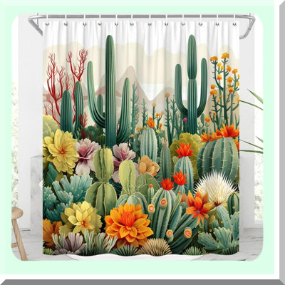 Desert Bloom Cactus Shower Curtain - Tropical Succulent Plant Design, Boho Modern Bathroom Decor, Polyester with Hooks