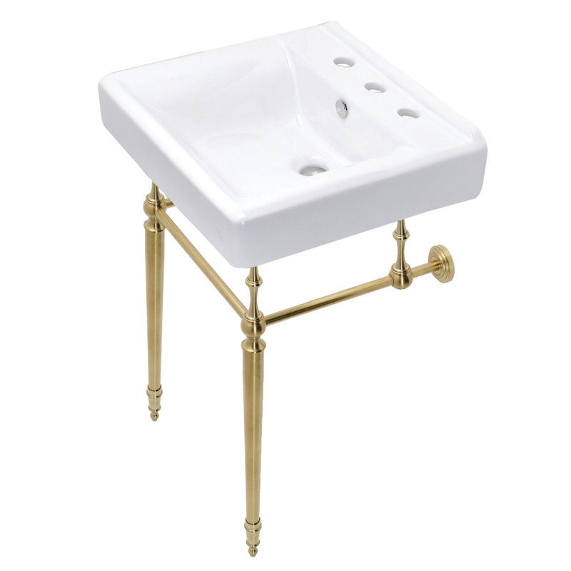 Lavabo de salle de bain console rectangulaire en céramique avec trop-plein Edwardian, Laiton brossé