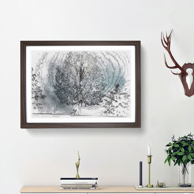 Hare in a Winter Forest in Abstract - Picture Frame Graphic Art Print, 48cm H x 65cm W x 2cm D, Walnut Framed