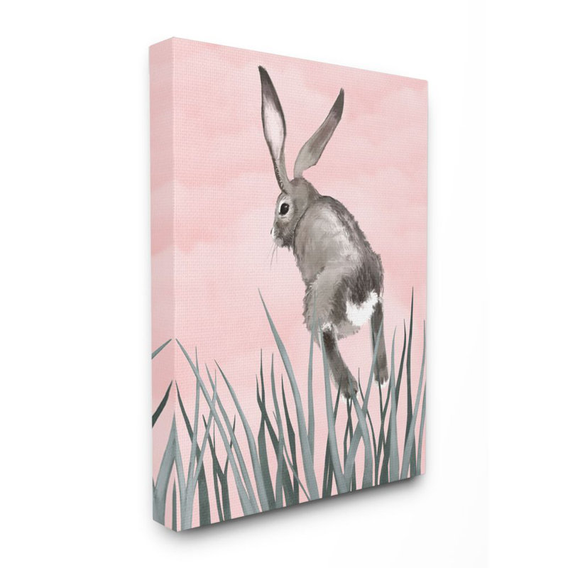 «Bunny Rabbit Jump Grass Pink Green Animal» par Ziwei Li - reproduction d'art, H 40 po x l 30 po, Toile tendue