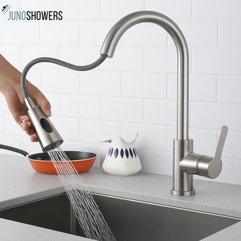 Robinet de cuisine en nickel brossé avec douchette extractible Juno, Nickel brossé