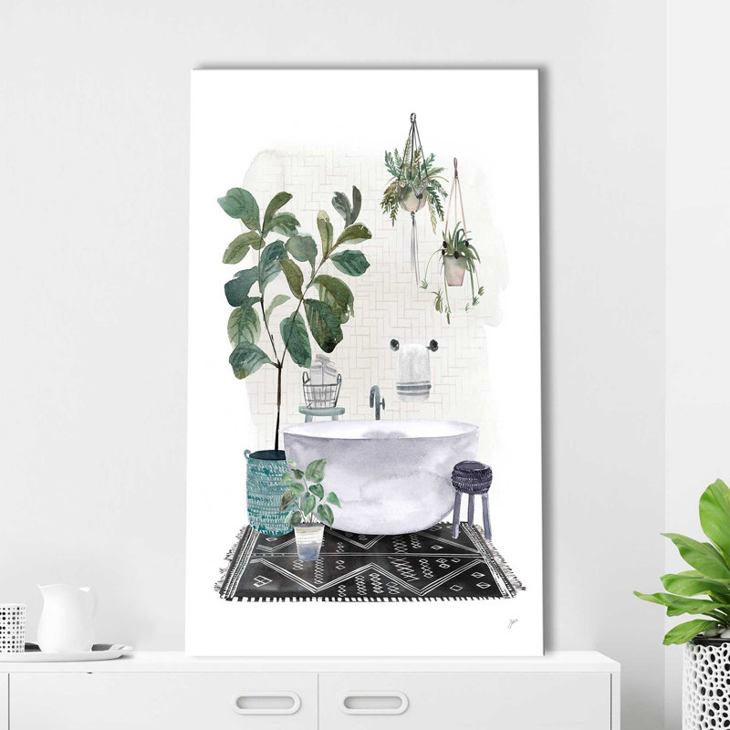 «Courtyard Bath No Cat Neutral» - Peinture, L 18 po x H 30 po, Toile tendue
