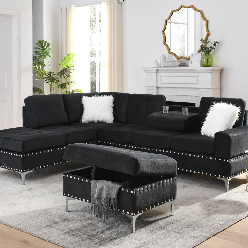 Canapé modulaire à 3 places avec méridienne réversible, repose-pieds avec rangement, porte-gobelets, pieds en métal et clous en cuivre, comprend deux coussins blancs, idéal pour la vie moderne