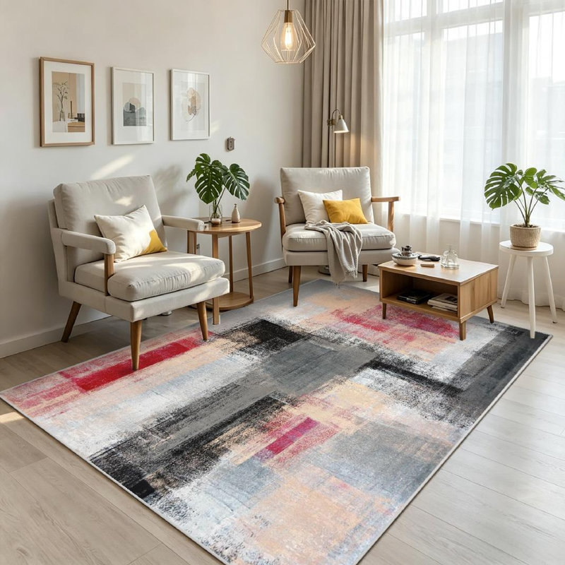 Tapis d'intérieur beige, lavable à la machine, peinture d'art abstrait gris et rouge, Rectangle 71 po x 98 po