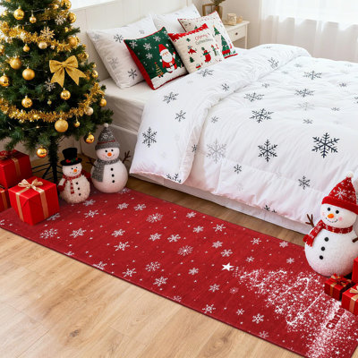 2x6ft Washable Snowflake Christmas Tree Print Accent Rug w/ Non-Slip Backing,Stain-Resistant Low Pile Holiday Carpet