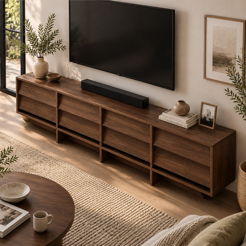 78.7" Modern Walnut TV Console, Large-Capacity Floor TV Stand with 8 Storage Drawers, Contemporary Media Cabinet for Living Room Organization