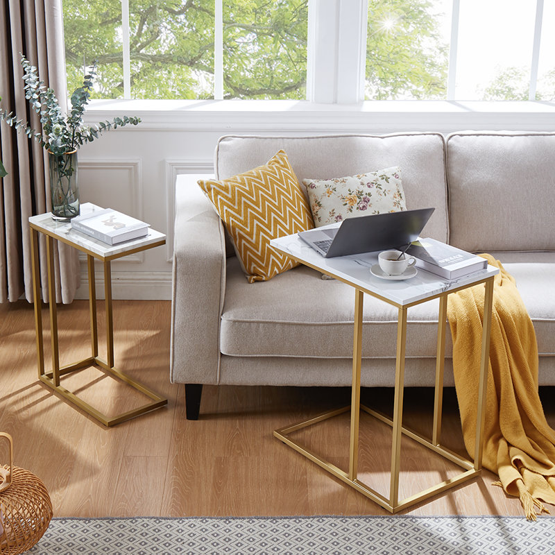 C Table End Table, 70.4 H x 59.94 W x 39.9 D cm, White Top/ Gold Base