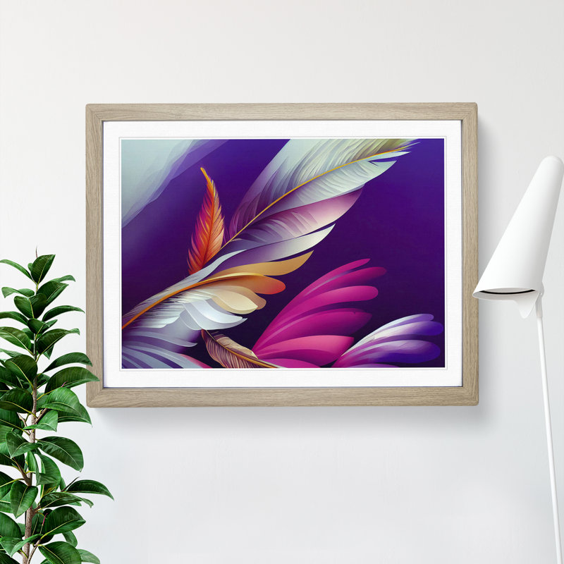 Lush Bird Feathers - Single Picture Frame Print, 46cm H x 64cm W x 2cm D, Oak