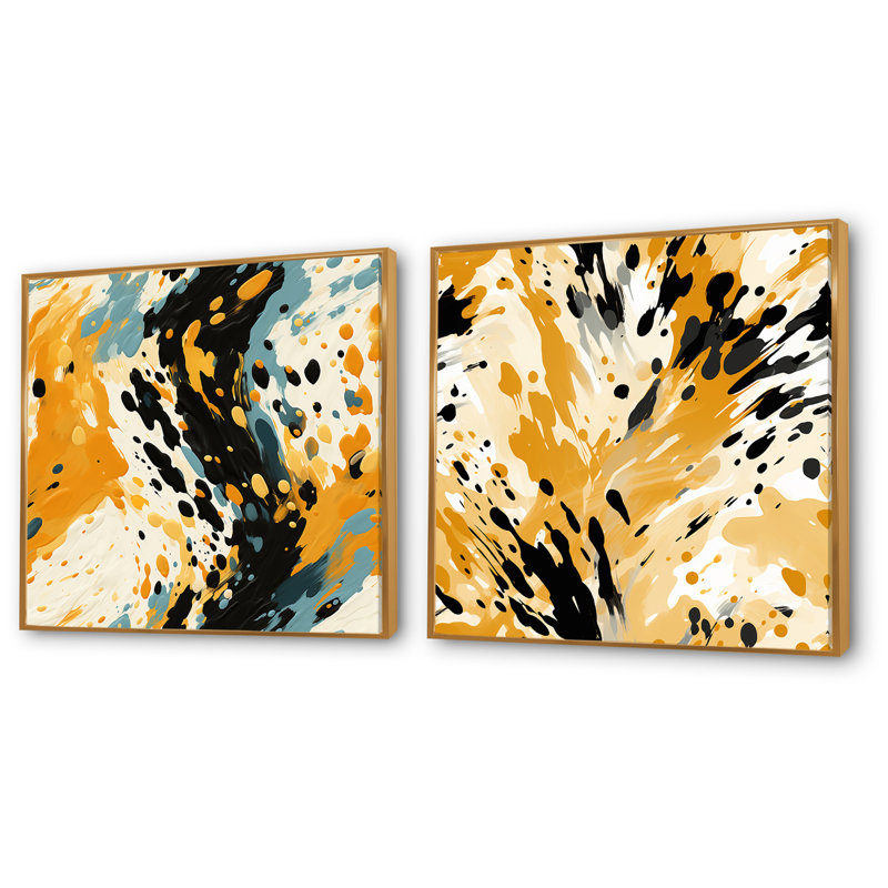 Ensemble de 2 décorations murales peintes jaunes et noires à motif de Cheeta, Encadrement doré, H 30 po x l 61 po x P 1 po