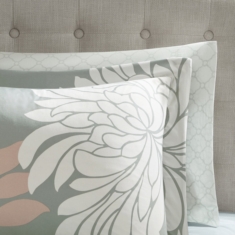 Gray and Blush Floral Queen Microfiber Comforter Set