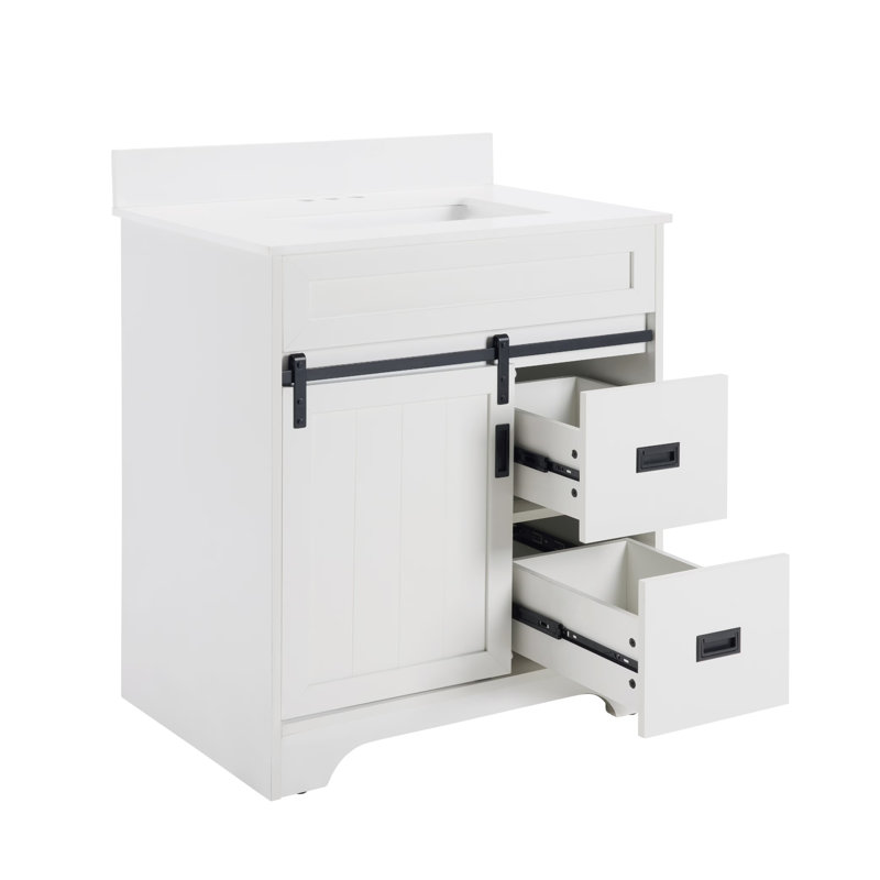 Meuble-lavabo 30 po avec lavabo simple, meuble-lavabo sous-comptoir Farmhouse avec portes de grange coulissantes et 2 tiroirs, meuble-lavabo autoportant, blanc