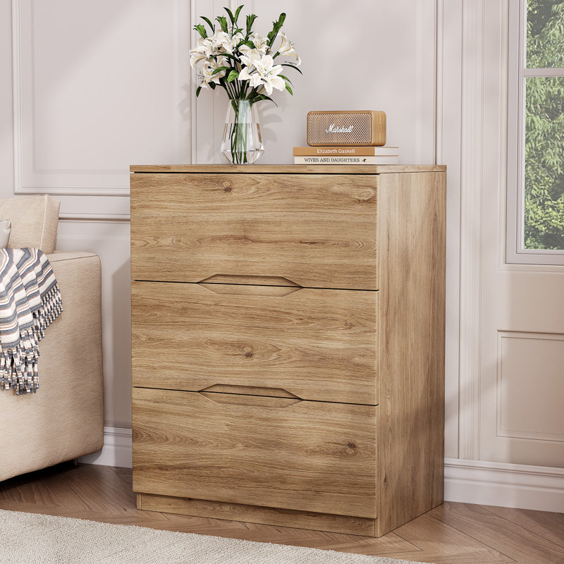 Commode à 3 tiroirs de 23,5 po, commode avec poignée découpée et grand espace de rangement, Bois naturel