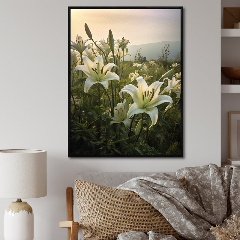 Jardin de champs de lys blancs sur toile, H 32 po x l 16 po x P 1 po, Cadre flottant noir